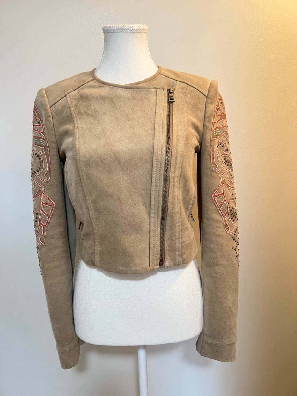 BCBGMaxAzria Taupe Suede Jacket with Embroidered Sleeves
